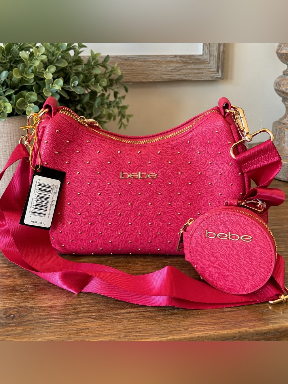 bebe Pink Studded Shoulder Bag Crossbody Purse & Coin Pouch Set NWT